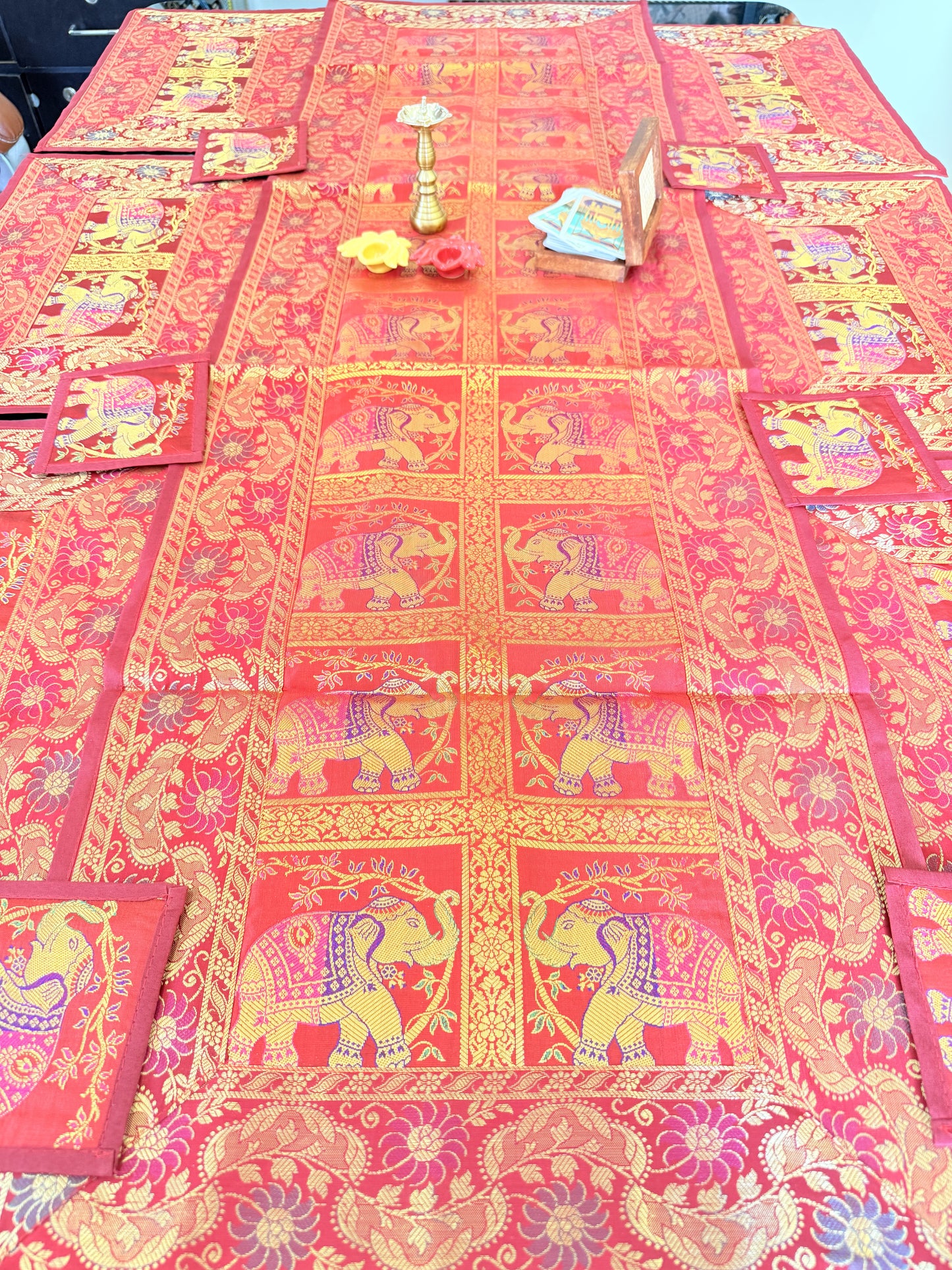 Crimson Red Banarasi Silk Brocade Table Runner and Mat with Coaster Set of 6