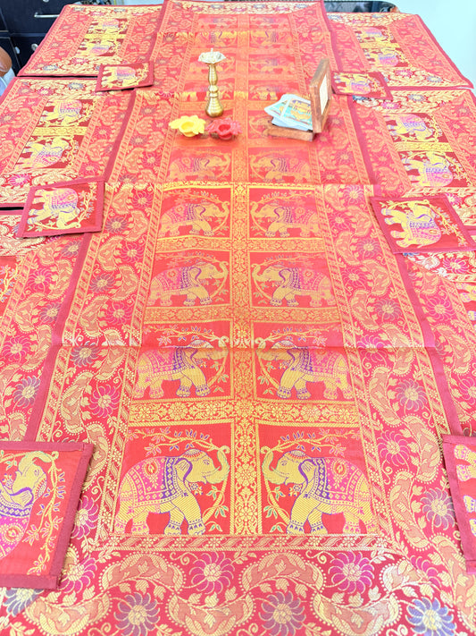 Crimson Red Banarasi Silk Brocade Table Runner and Mat with Coaster Set of 6