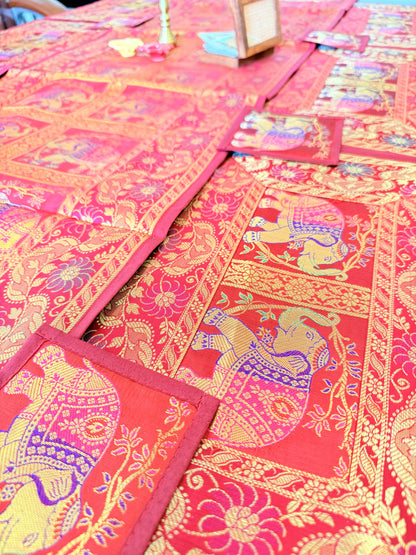 Crimson Red Banarasi Silk Brocade Table Runner and Mat with Coaster Set of 6