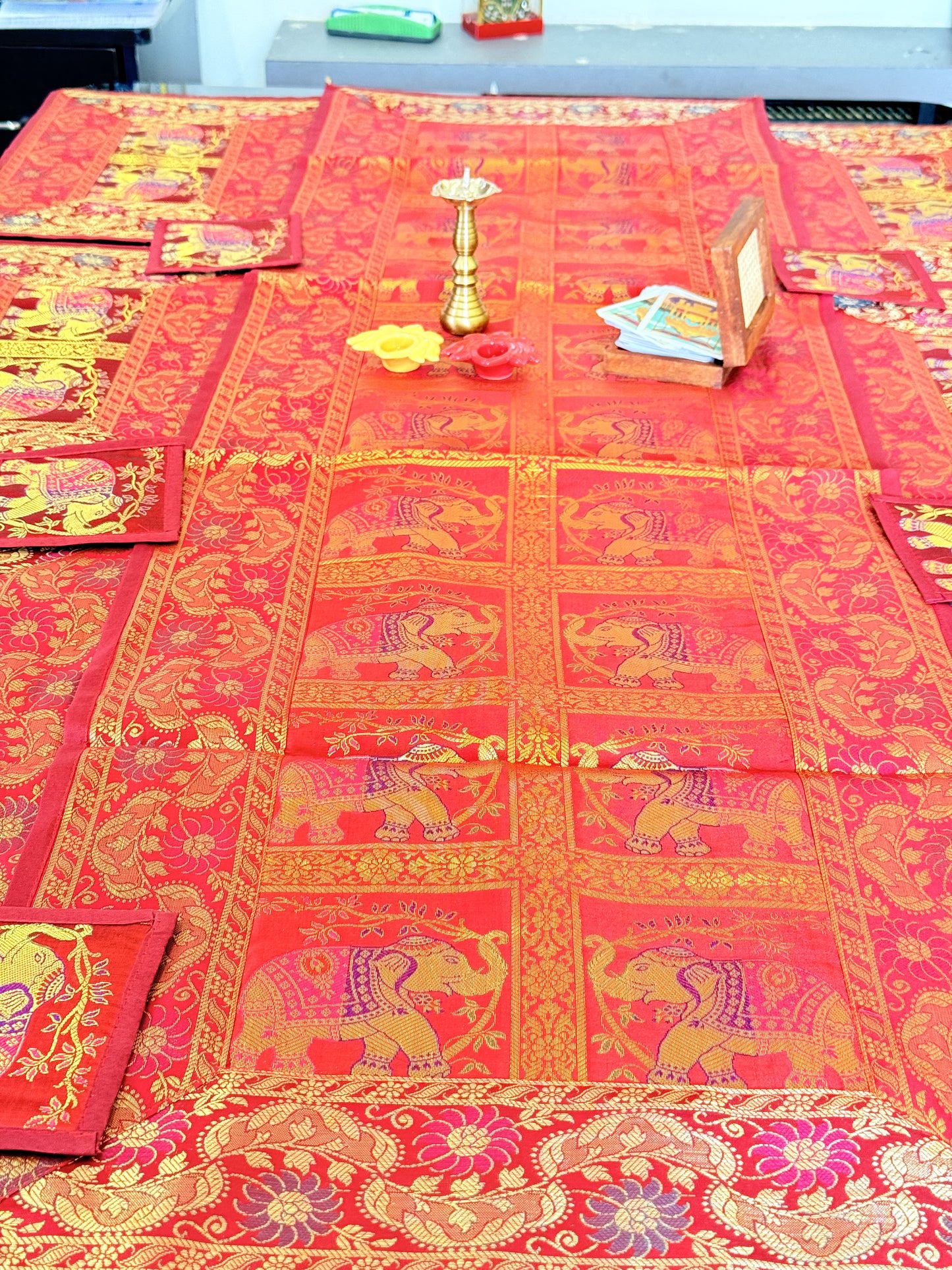 Crimson Red Banarasi Silk Brocade Table Runner and Mat with Coaster Set of 6