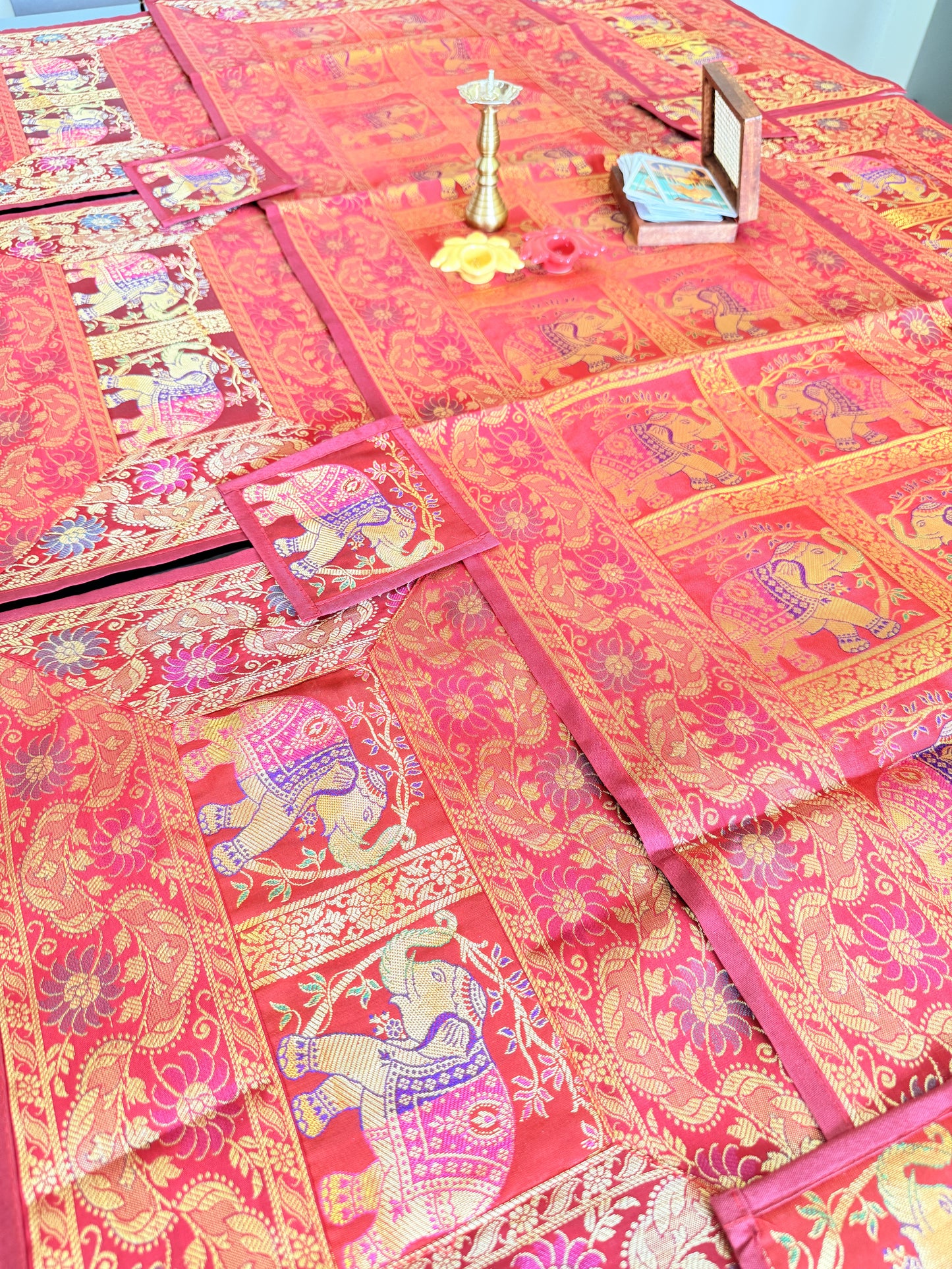 Crimson Red Banarasi Silk Brocade Table Runner and Mat with Coaster Set of 6