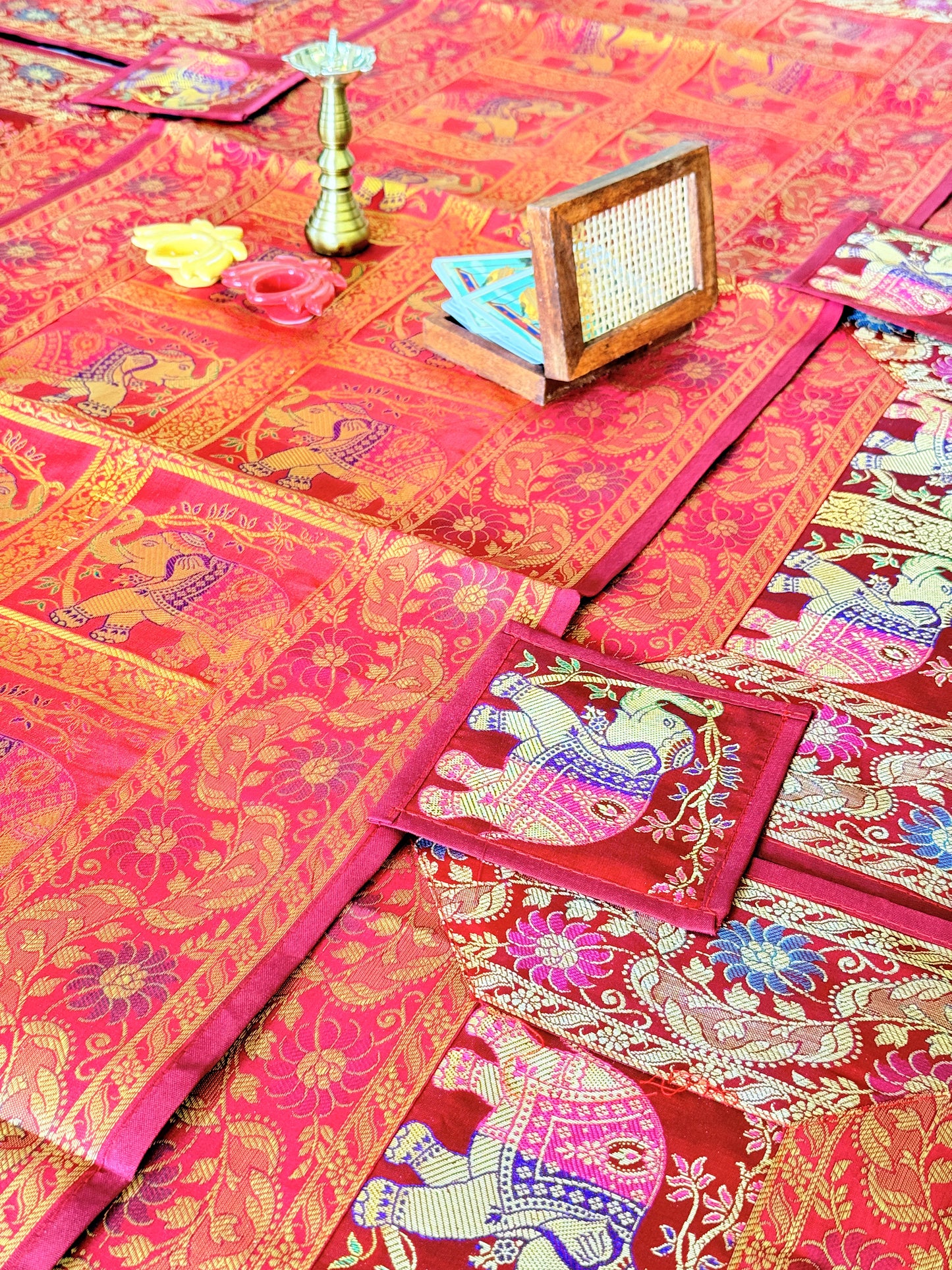 Crimson Red Banarasi Silk Brocade Table Runner and Mat with Coaster Set of 6