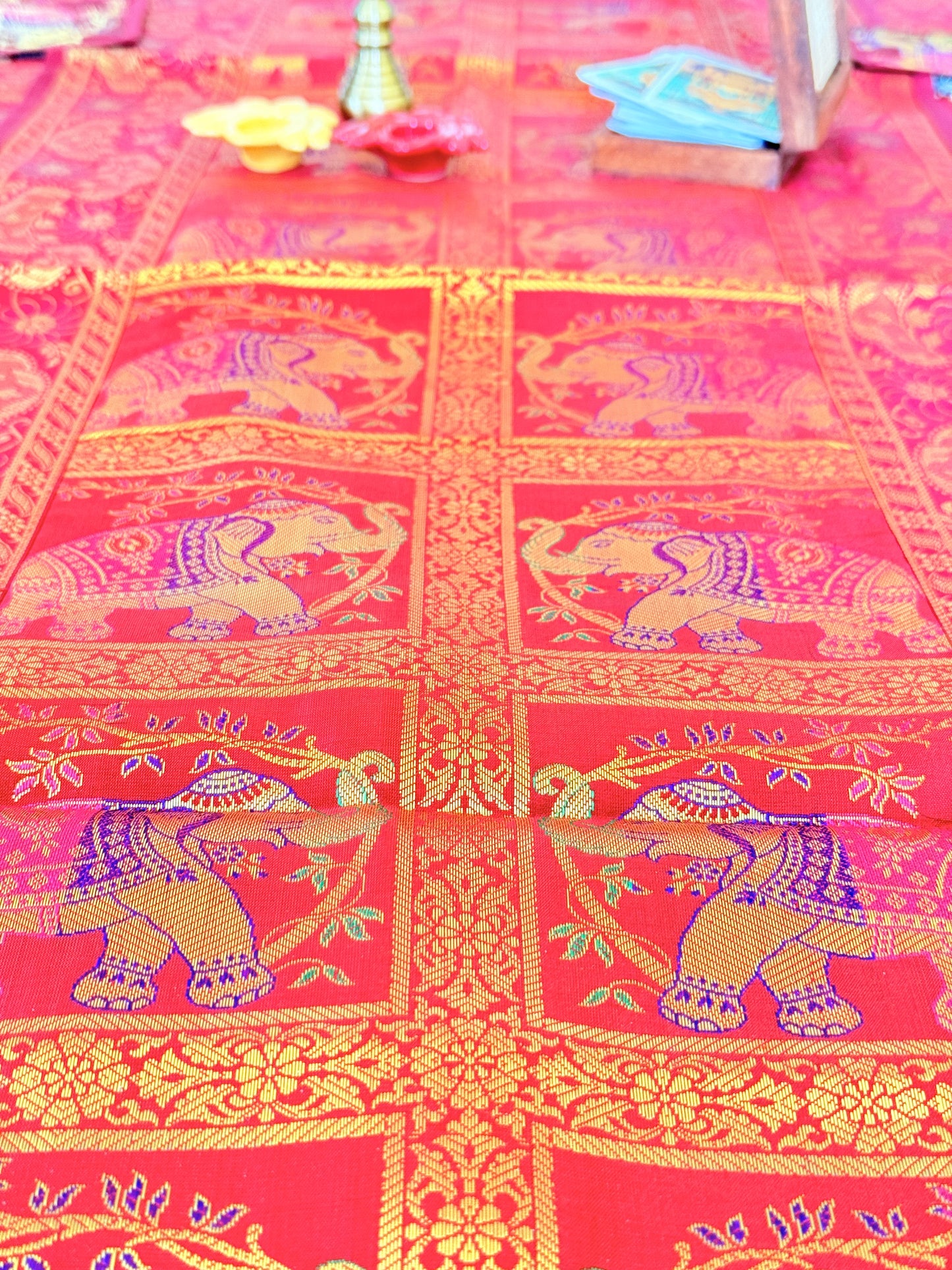 Crimson Red Banarasi Silk Brocade Table Runner and Mat with Coaster Set of 6