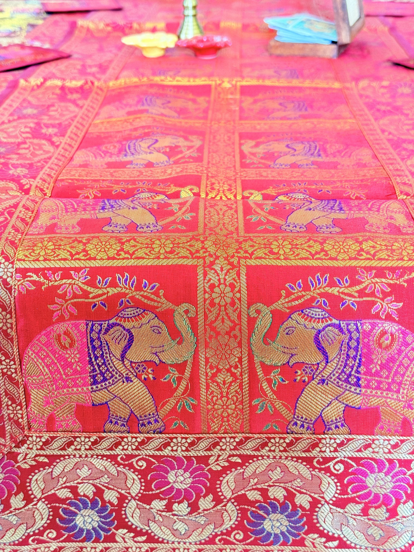 Crimson Red Banarasi Silk Brocade Table Runner and Mat with Coaster Set of 6