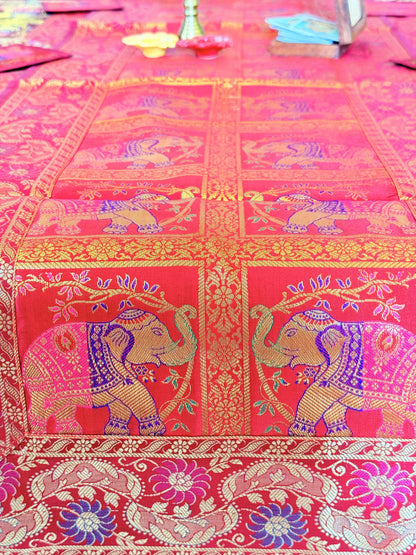 Crimson Red Banarasi Silk Brocade Table Runner and Mat with Coaster Set of 6