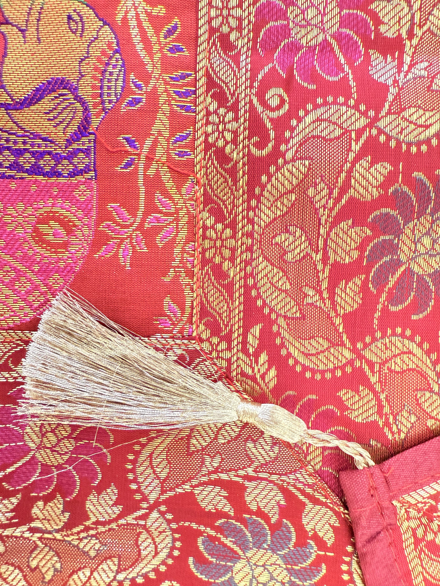 Crimson Red Banarasi Silk Brocade Table Runner and Mat with Coaster Set of 6