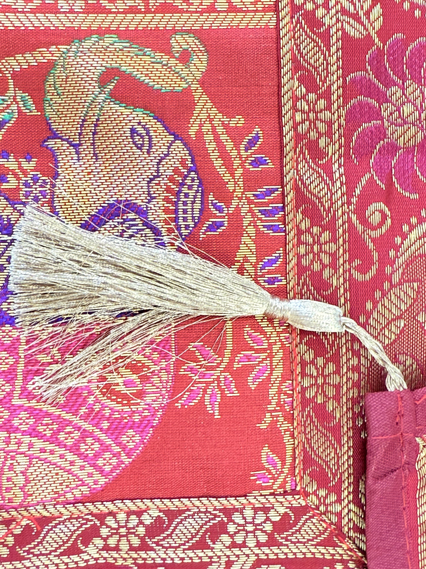 Crimson Red Banarasi Silk Brocade Table Runner and Mat with Coaster Set of 6