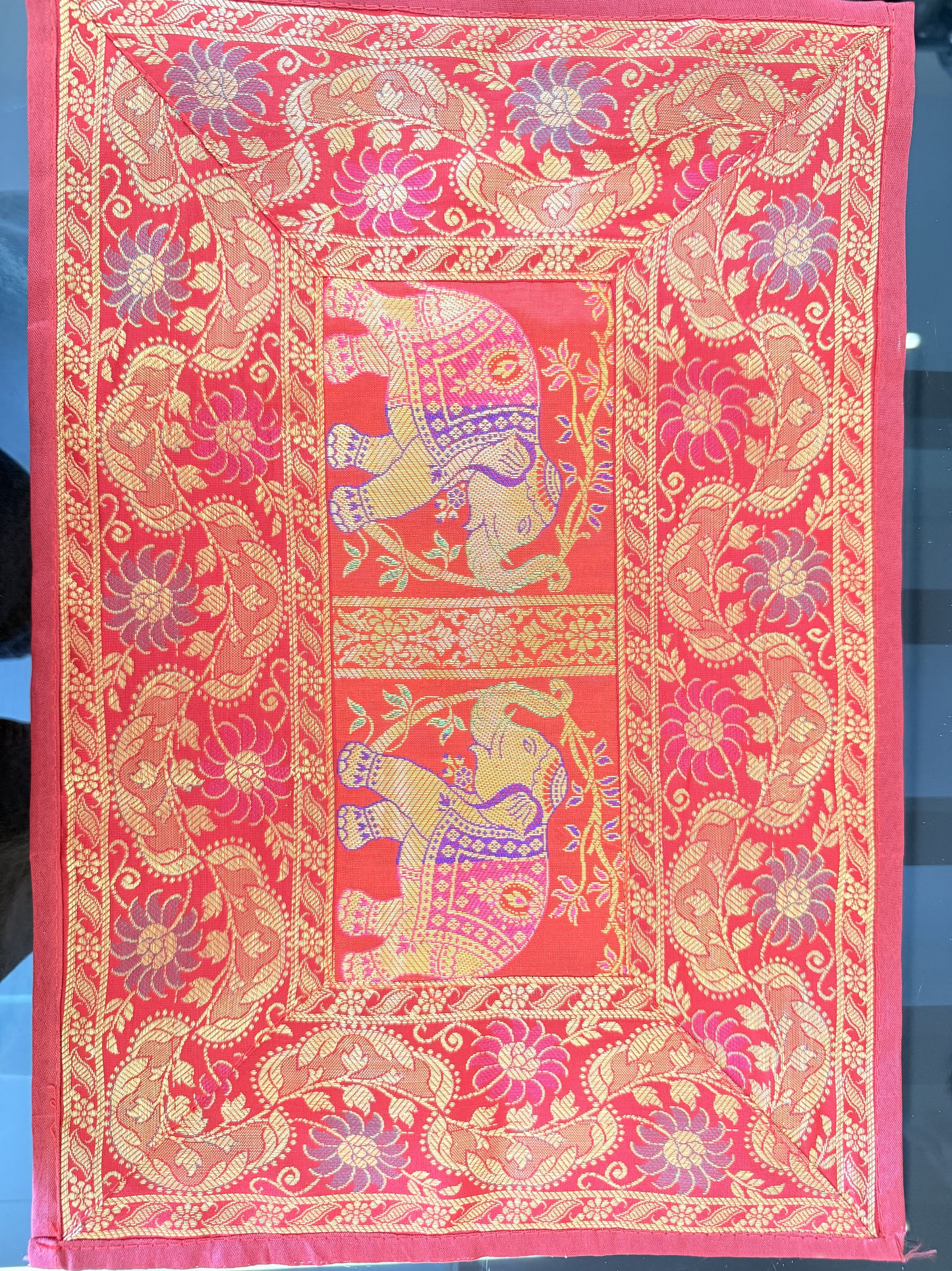Crimson Red Banarasi Silk Brocade Table Runner and Mat with Coaster Set of 6
