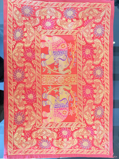 Crimson Red Banarasi Silk Brocade Table Runner and Mat with Coaster Set of 6