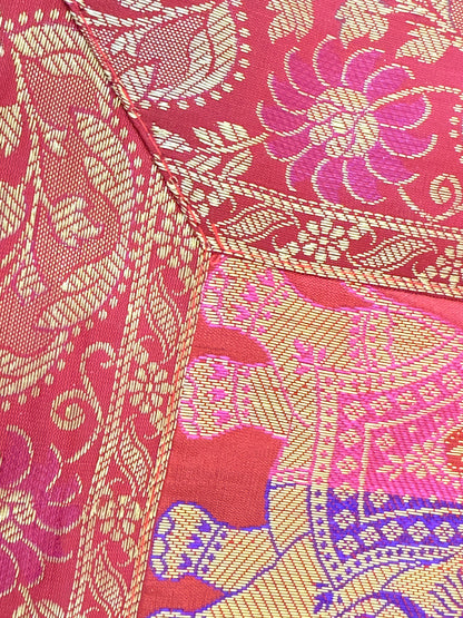 Crimson Red Banarasi Silk Brocade Table Runner and Mat with Coaster Set of 6
