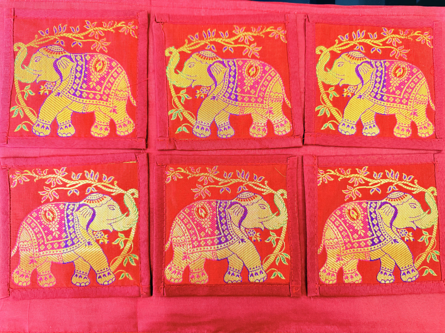 Crimson Red Banarasi Silk Brocade Table Runner and Mat with Coaster Set of 6