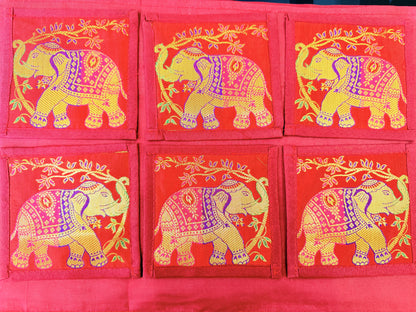 Crimson Red Banarasi Silk Brocade Table Runner and Mat with Coaster Set of 6