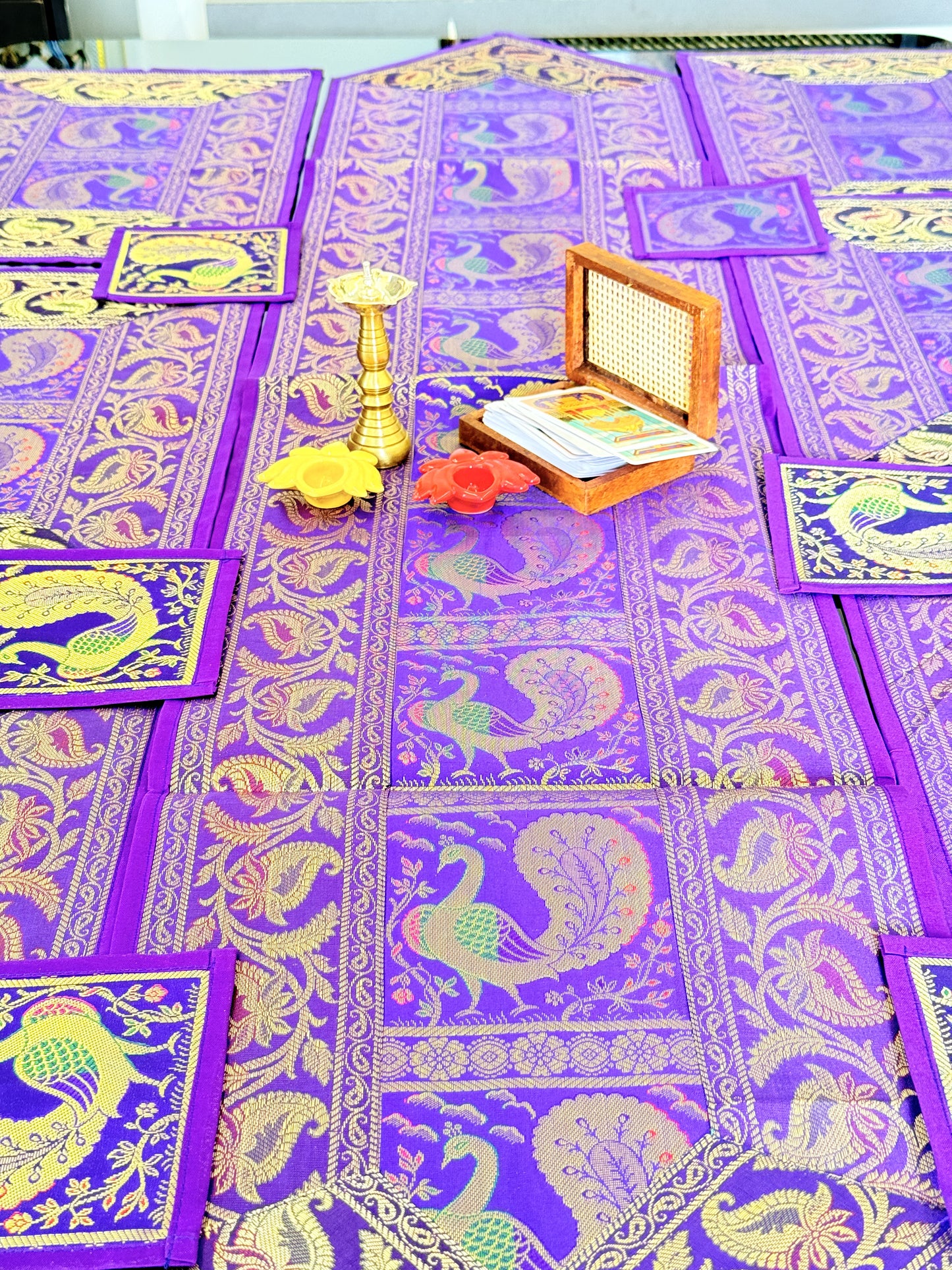 Purple Peacock Silk Banarasi Table Runner and Mats with Coaster Set of 6