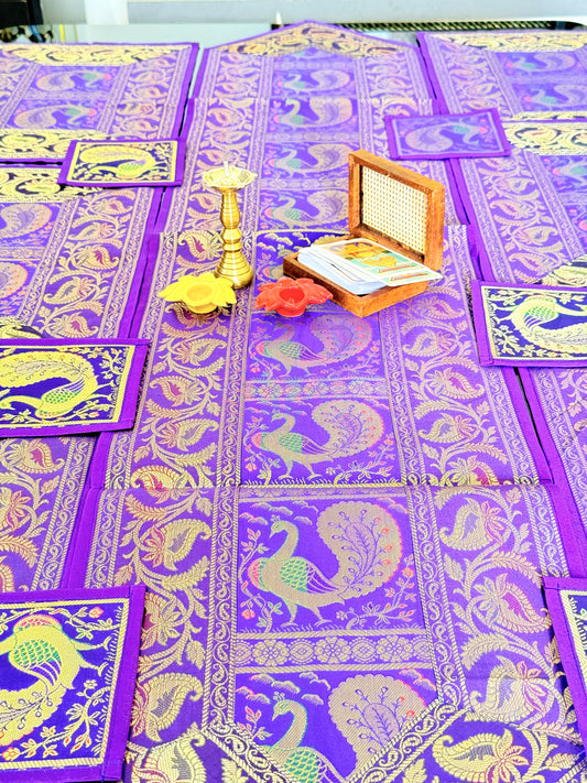 Purple Peacock Silk Banarasi Table Runner and Mats with Coaster Set of 6