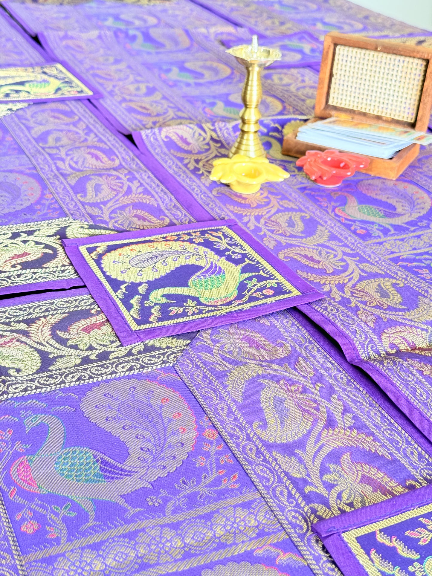 Purple Peacock Silk Banarasi Table Runner and Mats with Coaster Set of 6