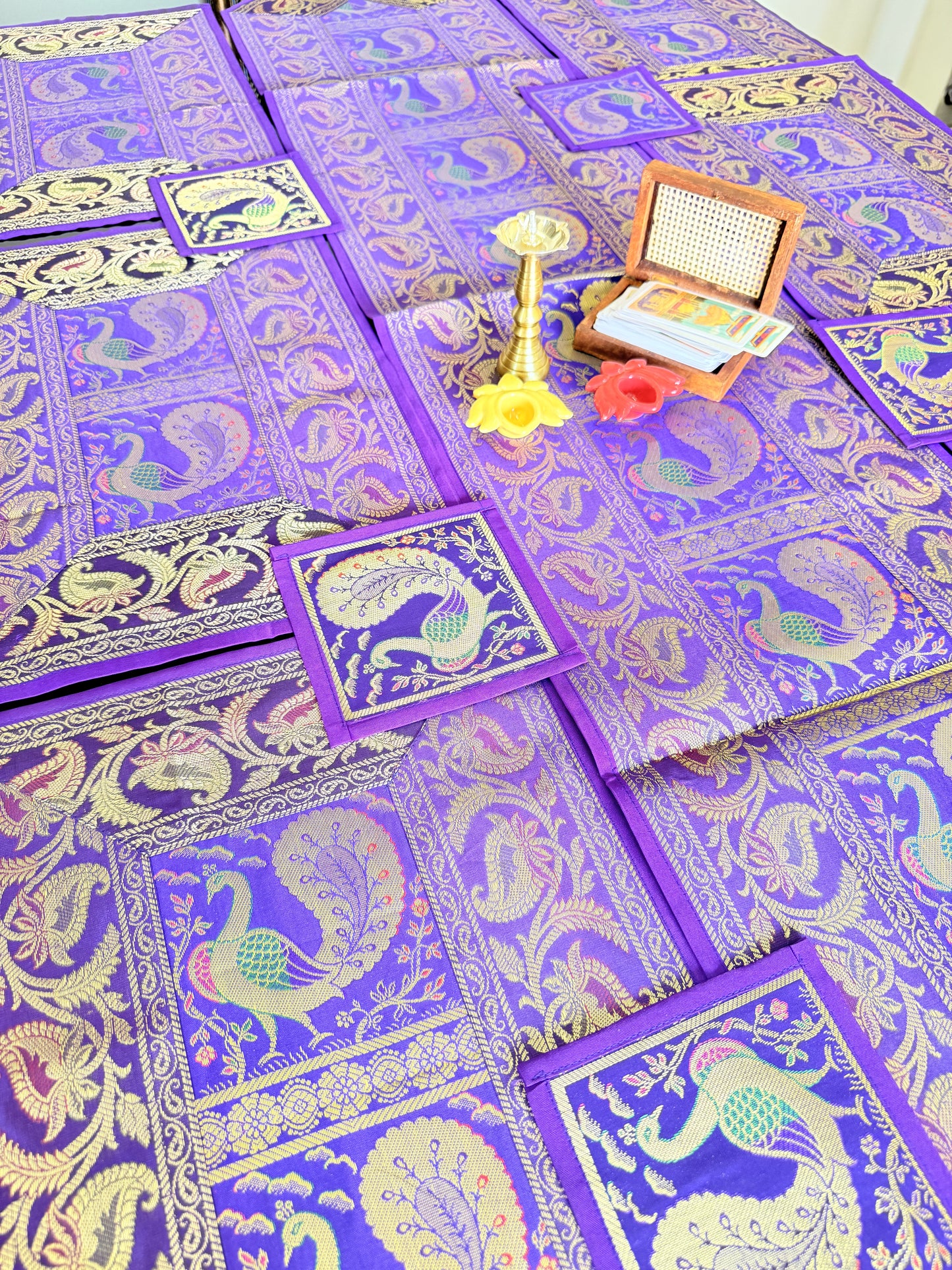 Purple Peacock Silk Banarasi Table Runner and Mats with Coaster Set of 6