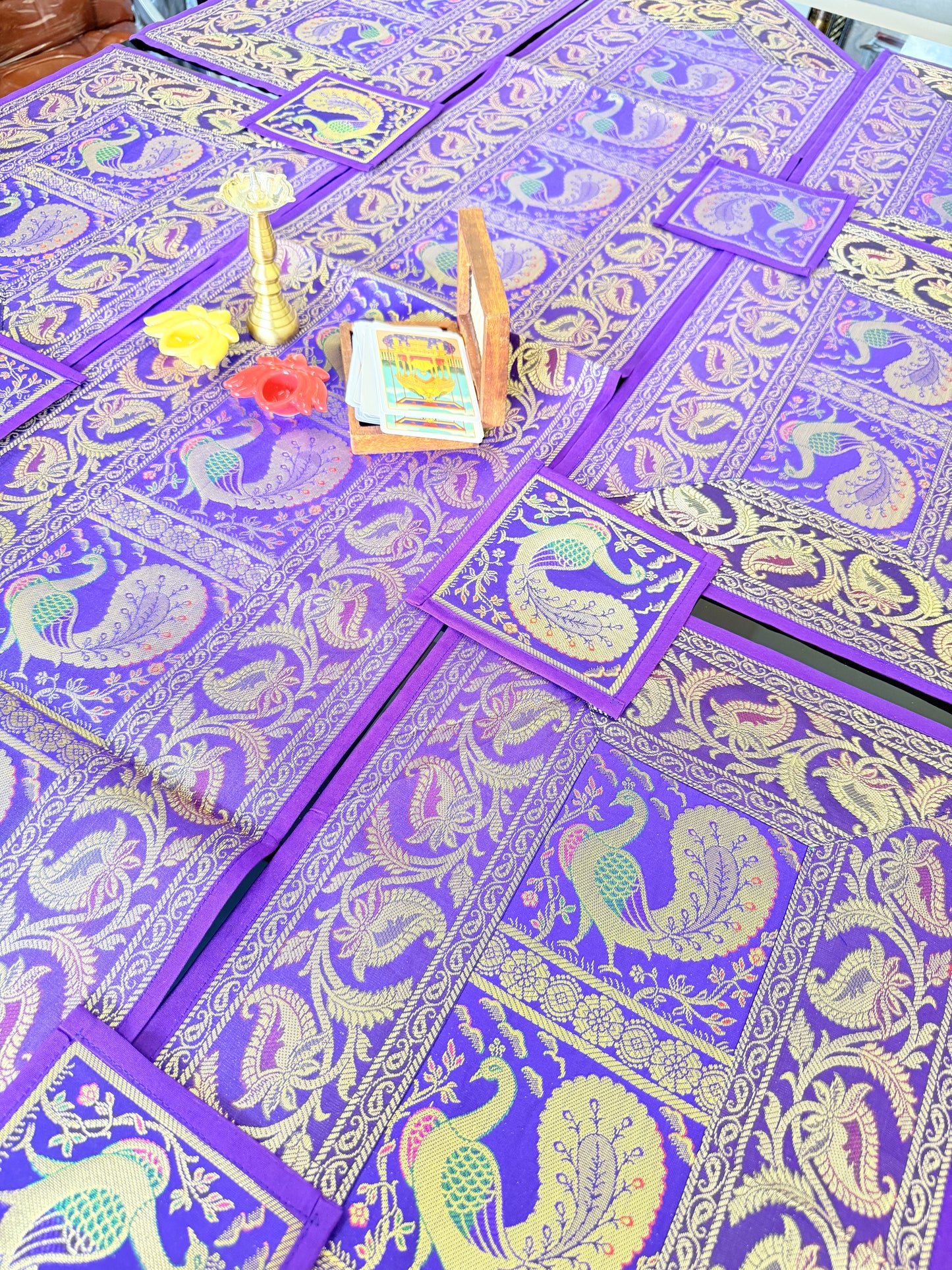 Purple Peacock Silk Banarasi Table Runner and Mats with Coaster Set of 6