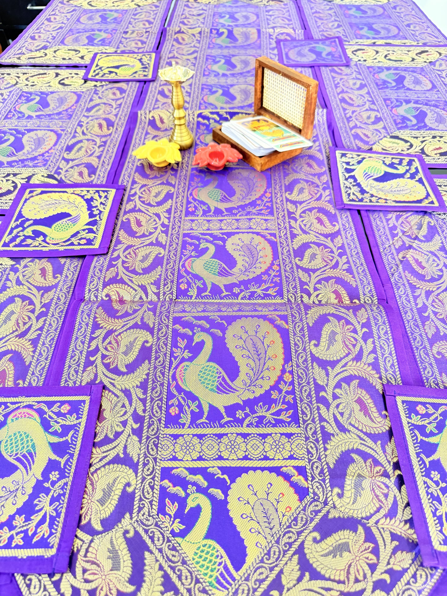 Purple Peacock Silk Banarasi Table Runner and Mats with Coaster Set of 6
