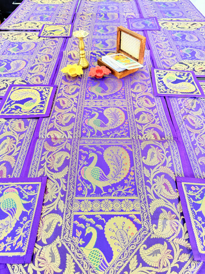 Purple Peacock Silk Banarasi Table Runner and Mats with Coaster Set of 6