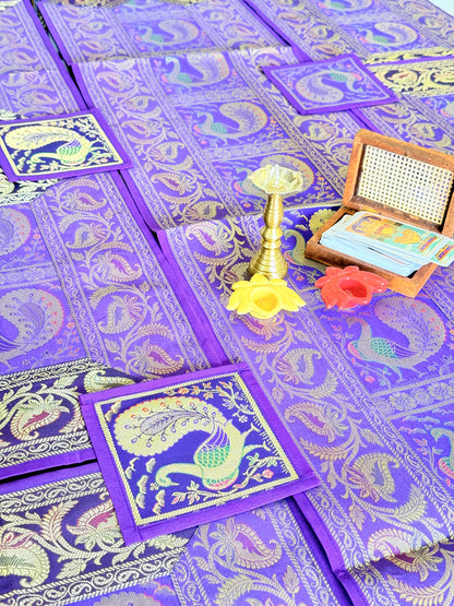 Purple Peacock Silk Banarasi Table Runner and Mats with Coaster Set of 6