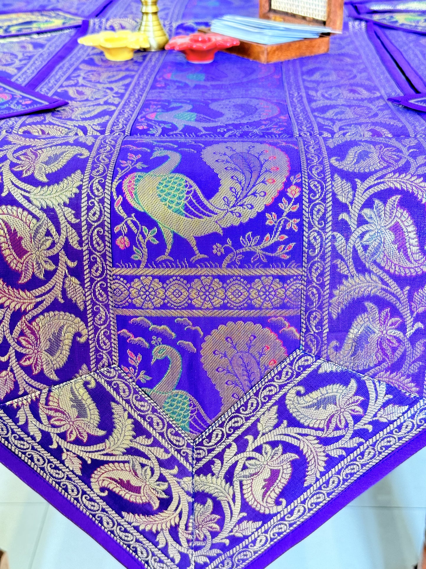 Purple Peacock Silk Banarasi Table Runner and Mats with Coaster Set of 6
