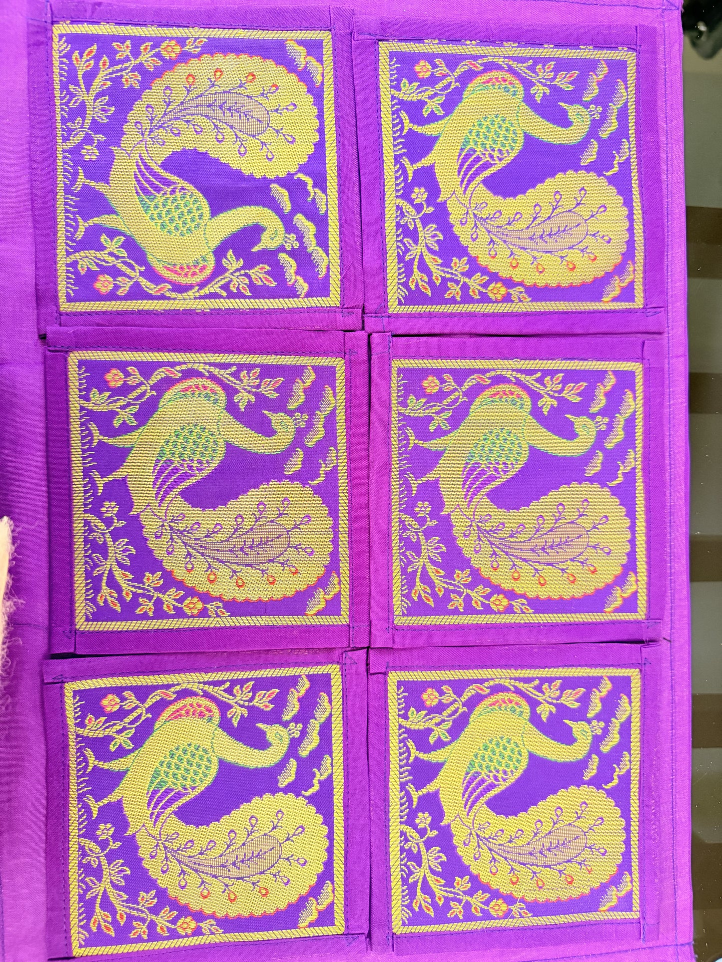 Purple Peacock Silk Banarasi Table Runner and Mats with Coaster Set of 6