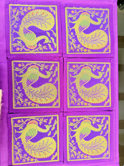 Purple Peacock Silk Banarasi Table Runner and Mats with Coaster Set of 6