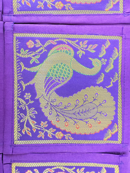 Purple Peacock Silk Banarasi Table Runner and Mats with Coaster Set of 6