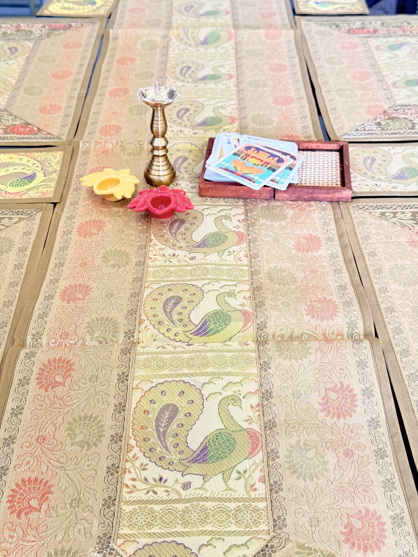 Gold Beige Silk Banarasi Table Runner and Mat with Coaster Set of 6