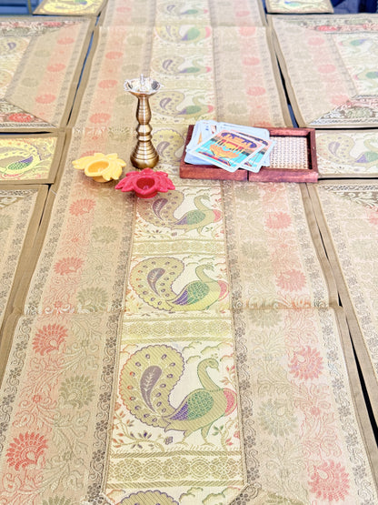 Gold Beige Silk Banarasi Table Runner and Mat with Coaster Set of 6
