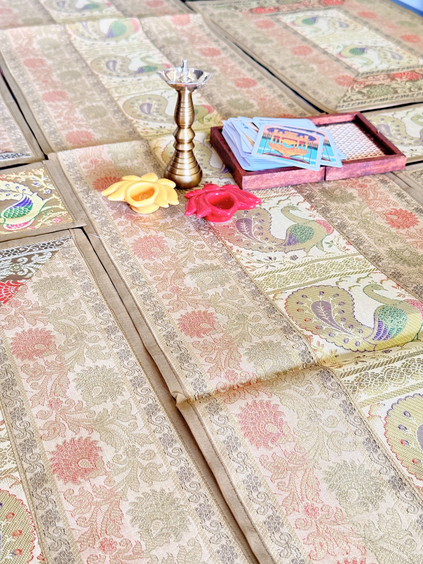 Gold Beige Silk Banarasi Table Runner and Mat with Coaster Set of 6