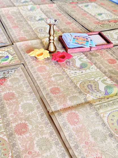 Gold Beige Silk Banarasi Table Runner and Mat with Coaster Set of 6