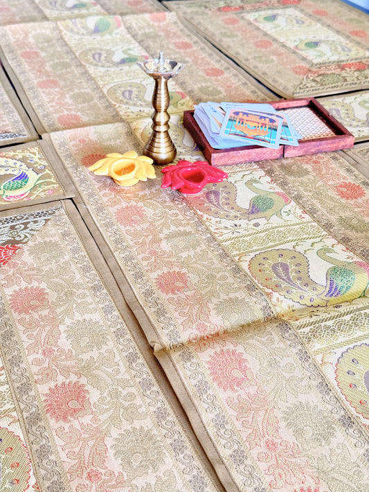 Gold Beige Silk Banarasi Table Runner and Mat with Coaster Set of 6