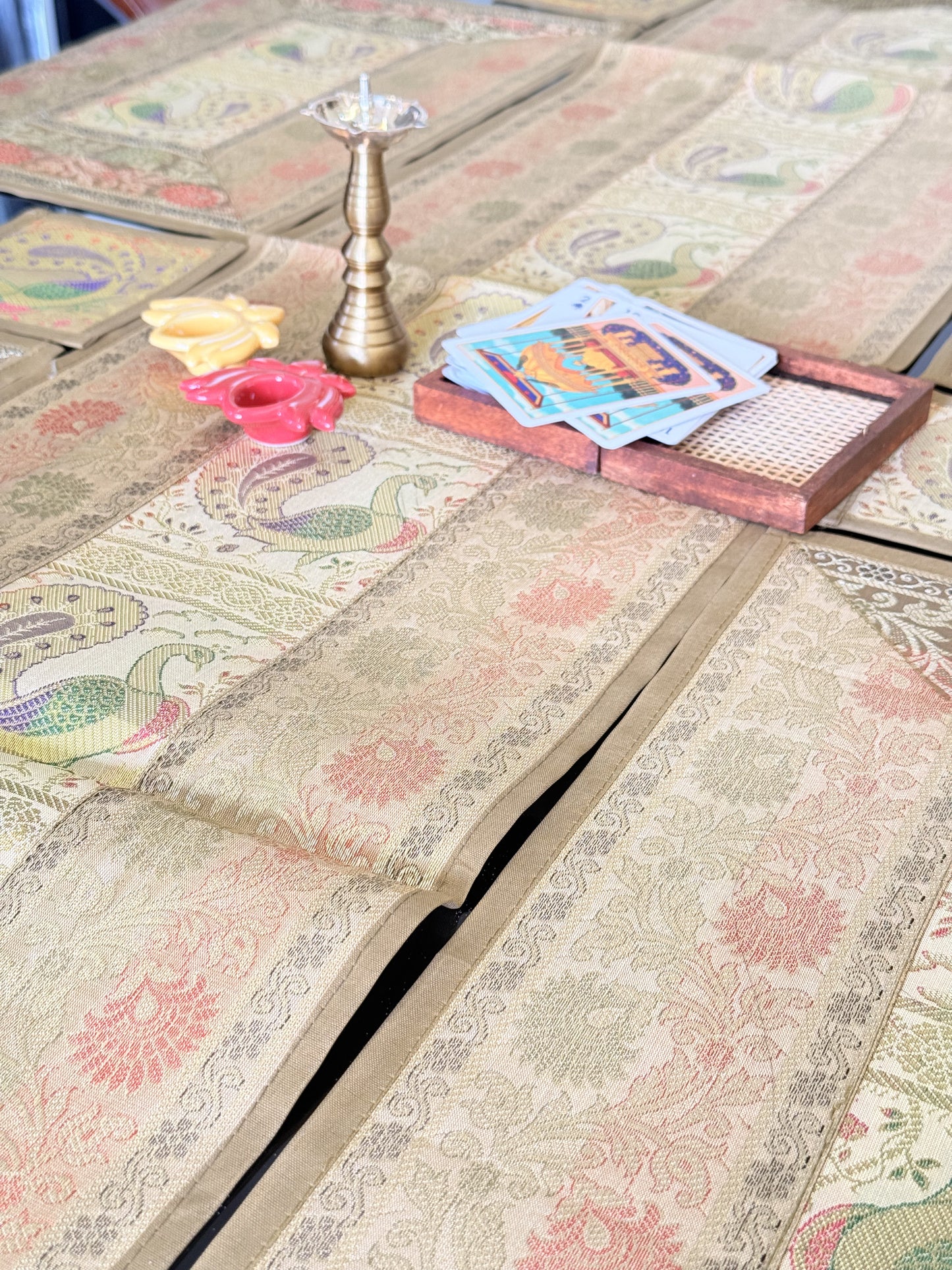 Gold Beige Silk Banarasi Table Runner and Mat with Coaster Set of 6