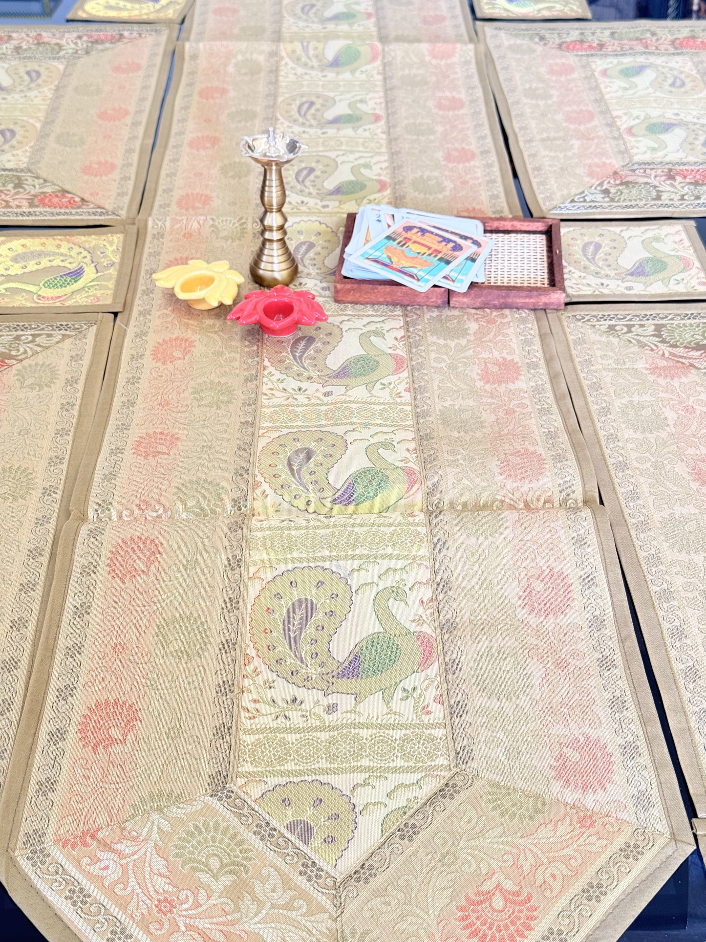 Gold Beige Silk Banarasi Table Runner and Mat with Coaster Set of 6