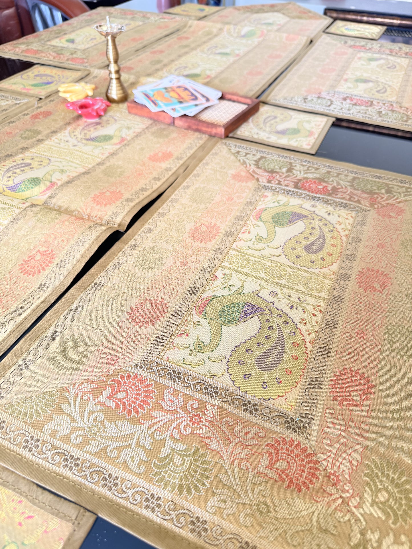 Gold Beige Silk Banarasi Table Runner and Mat with Coaster Set of 6