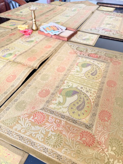 Gold Beige Silk Banarasi Table Runner and Mat with Coaster Set of 6