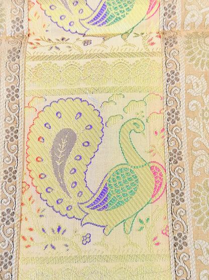 Gold Beige Silk Banarasi Table Runner and Mat with Coaster Set of 6
