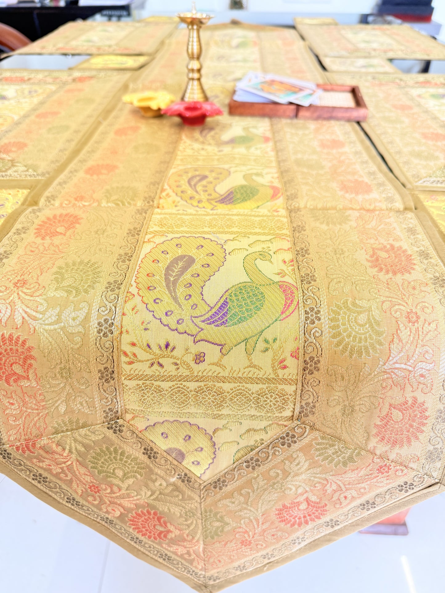 Gold Beige Silk Banarasi Table Runner and Mat with Coaster Set of 6