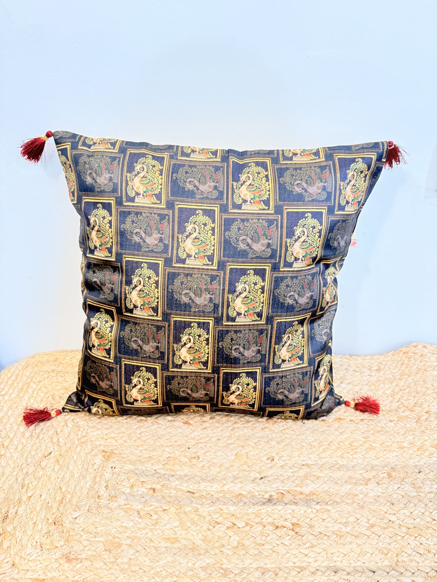 Khadi Black Peacock Cushion Cover – Elegant Decorative Pillow for Home Decor