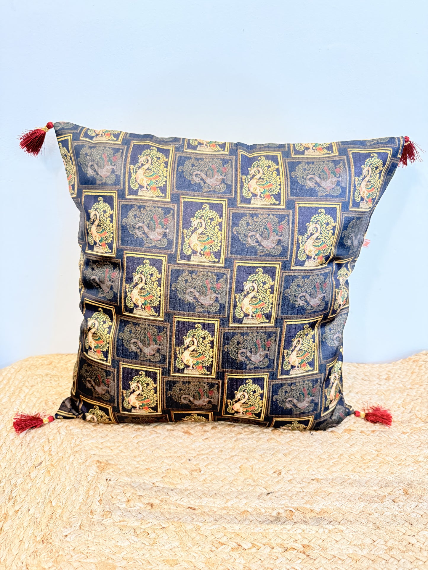 Khadi Black Peacock Cushion Cover – Elegant Decorative Pillow for Home Decor