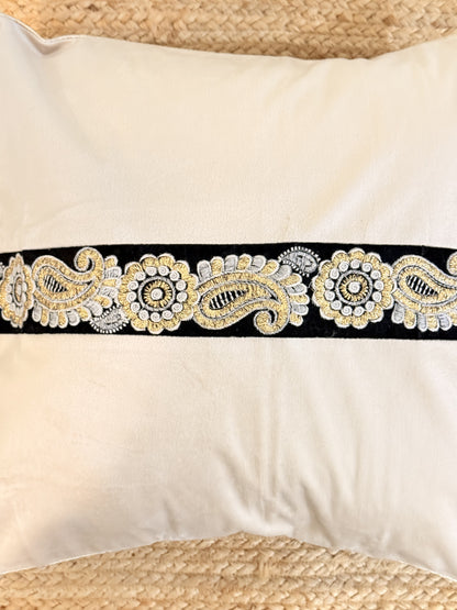 Beige Velvet Black Brocade Cushion Cover – Luxury Decorative Pillow for Elegant Home Décor