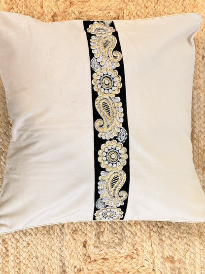 Beige Velvet Black Brocade Cushion Cover – Luxury Decorative Pillow for Elegant Home Décor