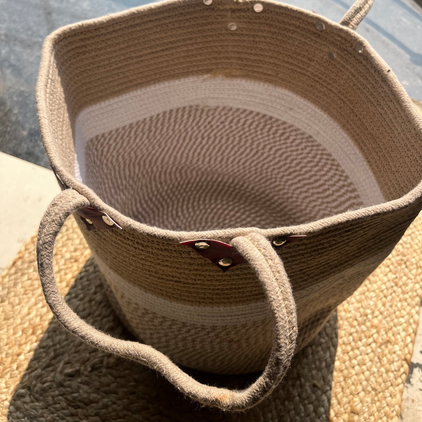 Jute Large Basket Storage Organizer with Handle - Beige and White