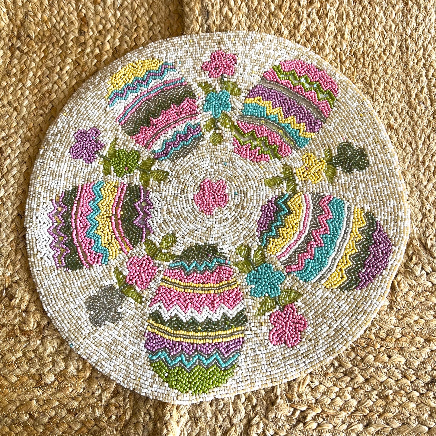 Pink Pastel Floral Round Handcrafted Beaded Placemat- 14-inch Round Decorative Table Mat