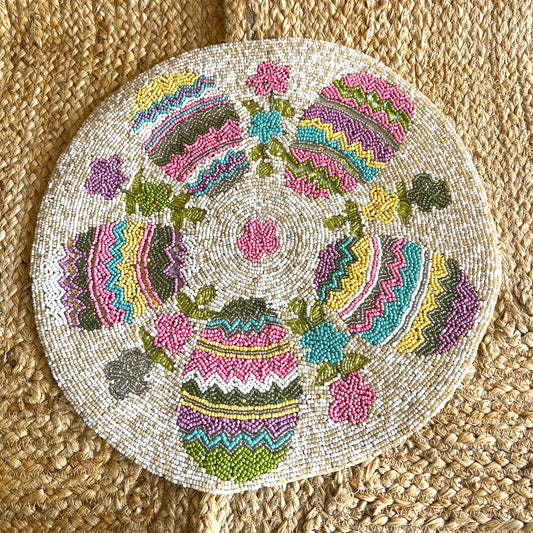 Pink Pastel Floral Round Handcrafted Beaded Placemat- 14-inch Round Decorative Table Mat