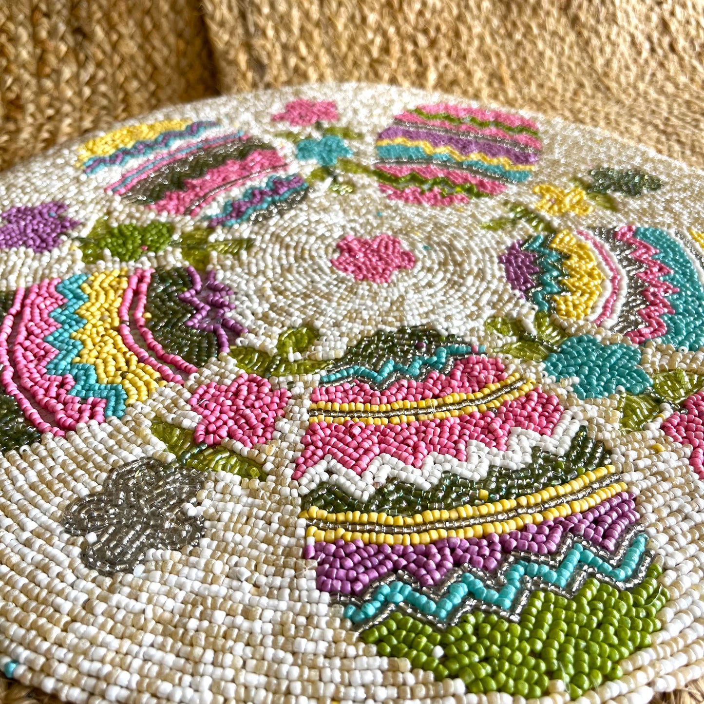Pink Pastel Floral Round Handcrafted Beaded Placemat- 14-inch Round Decorative Table Mat
