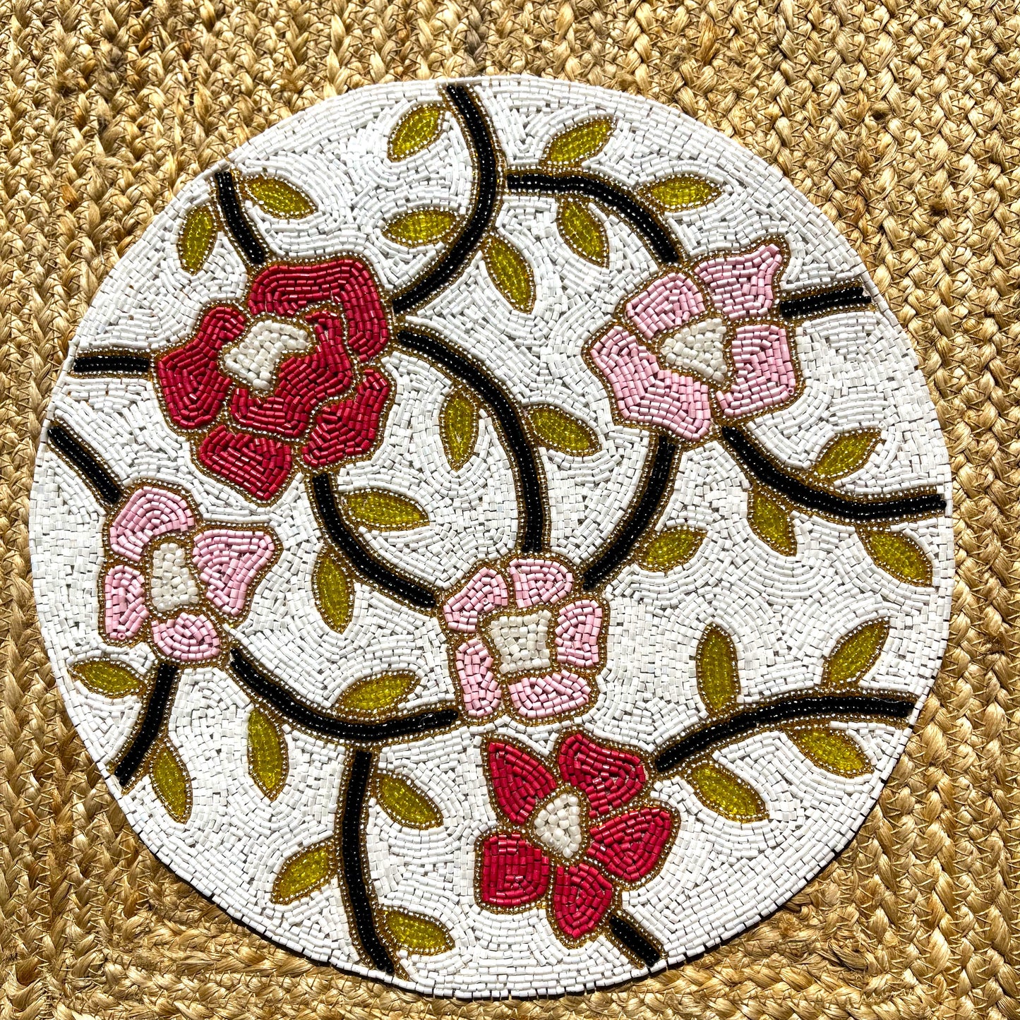 Pink Red Floral Round Handcrafted Beaded Placemat- 14-inch Round Decorative Table Mat