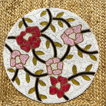 Pink Red Floral Round Handcrafted Beaded Placemat- 14-inch Round Decorative Table Mat