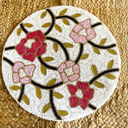 Pink Red Floral Round Handcrafted Beaded Placemat- 14-inch Round Decorative Table Mat